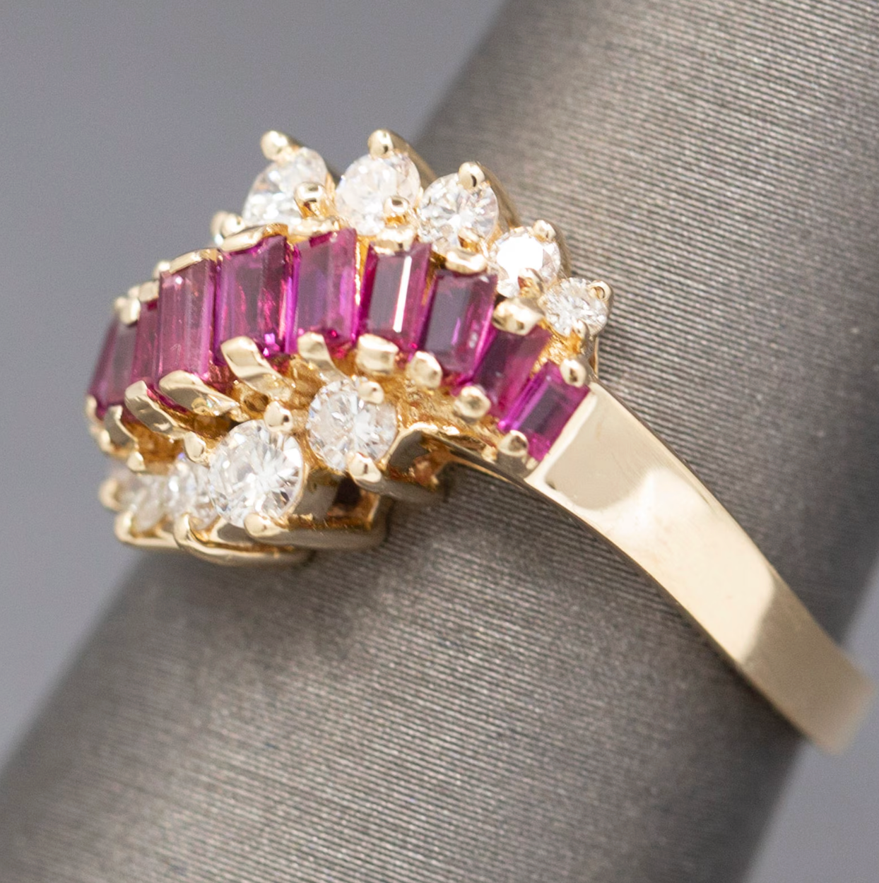 Baguette Cut Ruby and Diamond Wave Cocktail Ring in 14k Yellow Gold