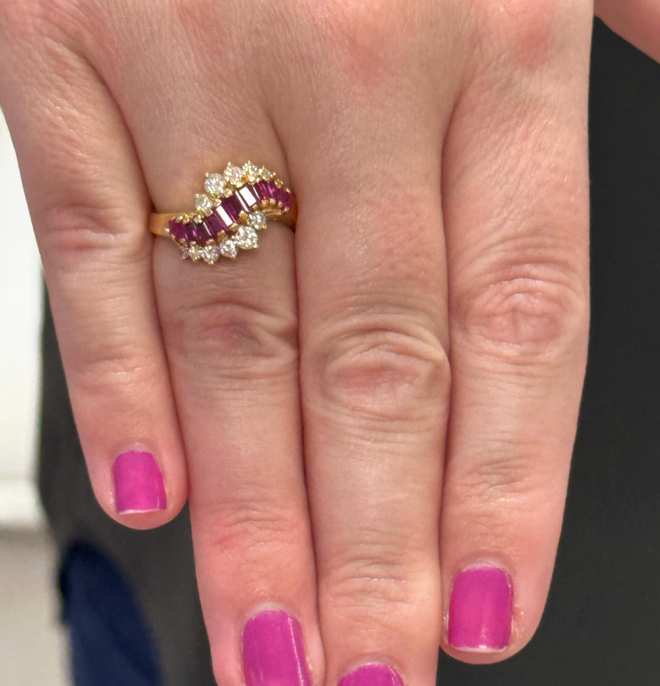 Baguette Cut Ruby and Diamond Wave Cocktail Ring in 14k Yellow Gold