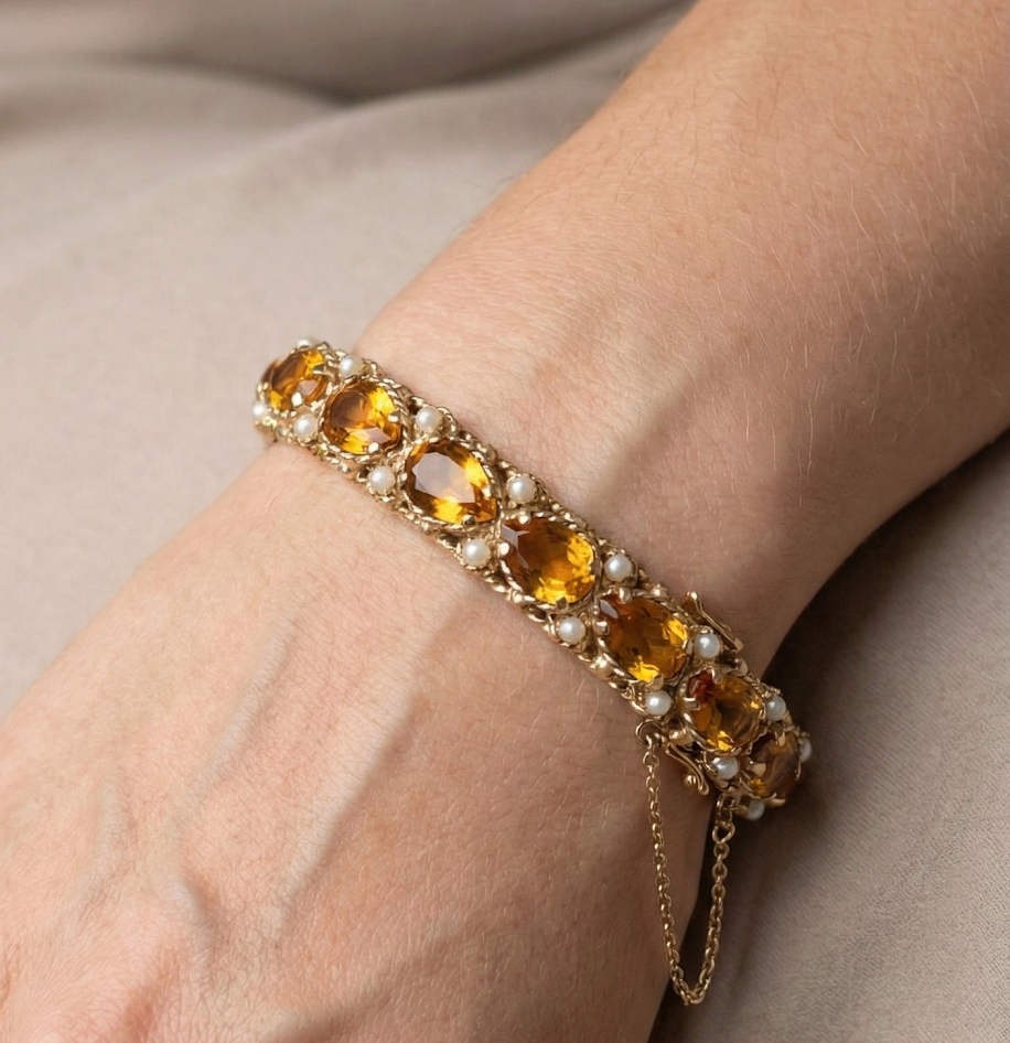 Vintage Pear Cut Citrine and Pearl Bangle Bracelet in 14k Yellow Gold