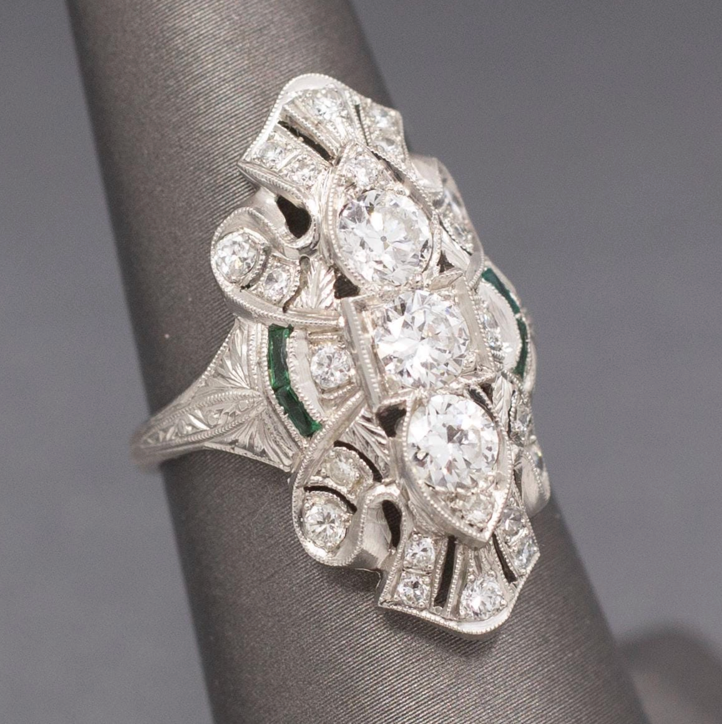 Exquisite Art Deco Elongated Emerald and Old European Cut Diamond Ring in Platinum