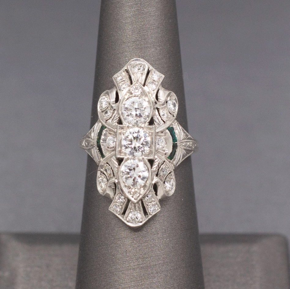 Exquisite Art Deco Elongated Emerald and Old European Cut Diamond Ring in Platinum