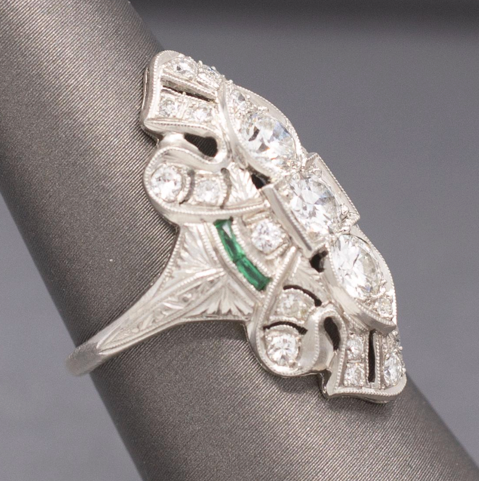 Exquisite Art Deco Elongated Emerald and Old European Cut Diamond Ring in Platinum