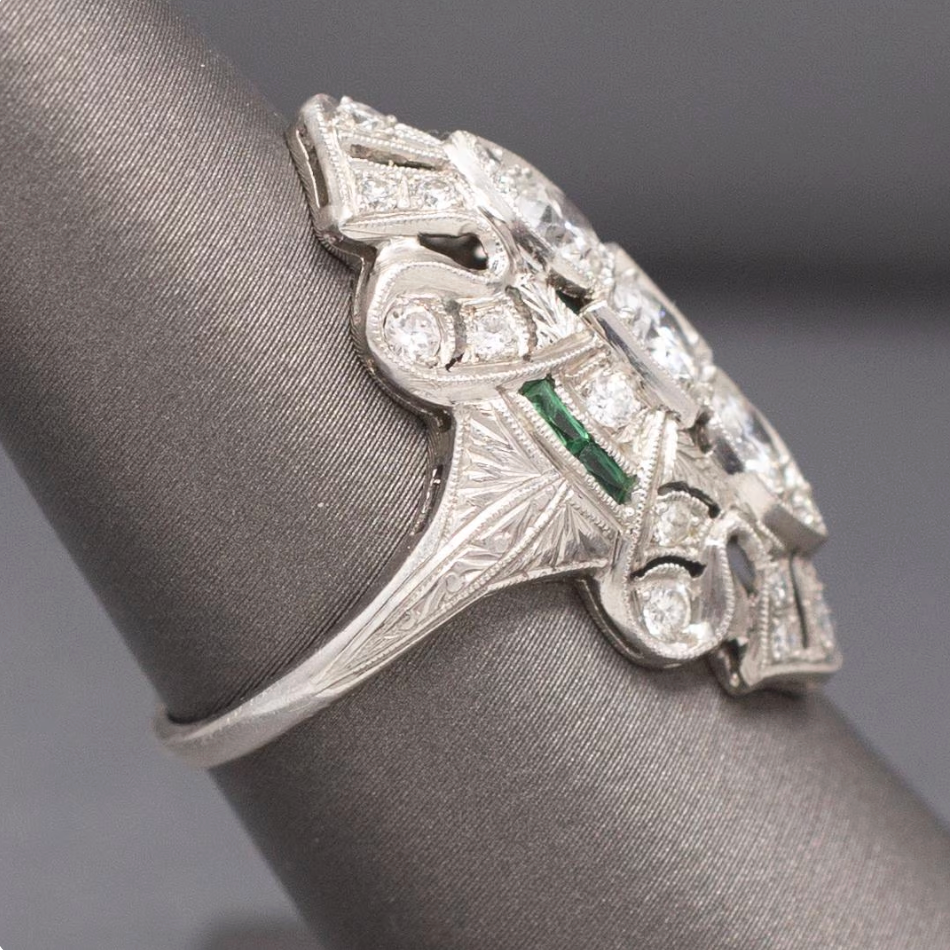 Exquisite Art Deco Elongated Emerald and Old European Cut Diamond Ring in Platinum