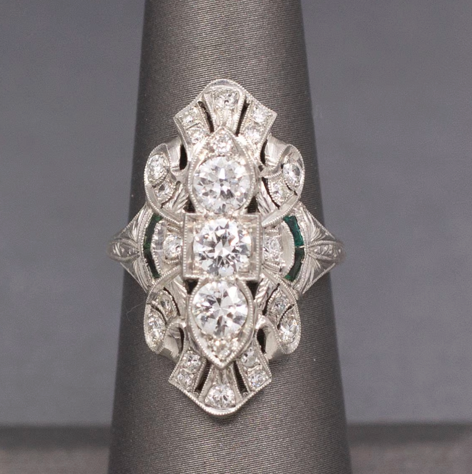 Exquisite Art Deco Elongated Emerald and Old European Cut Diamond Ring in Platinum