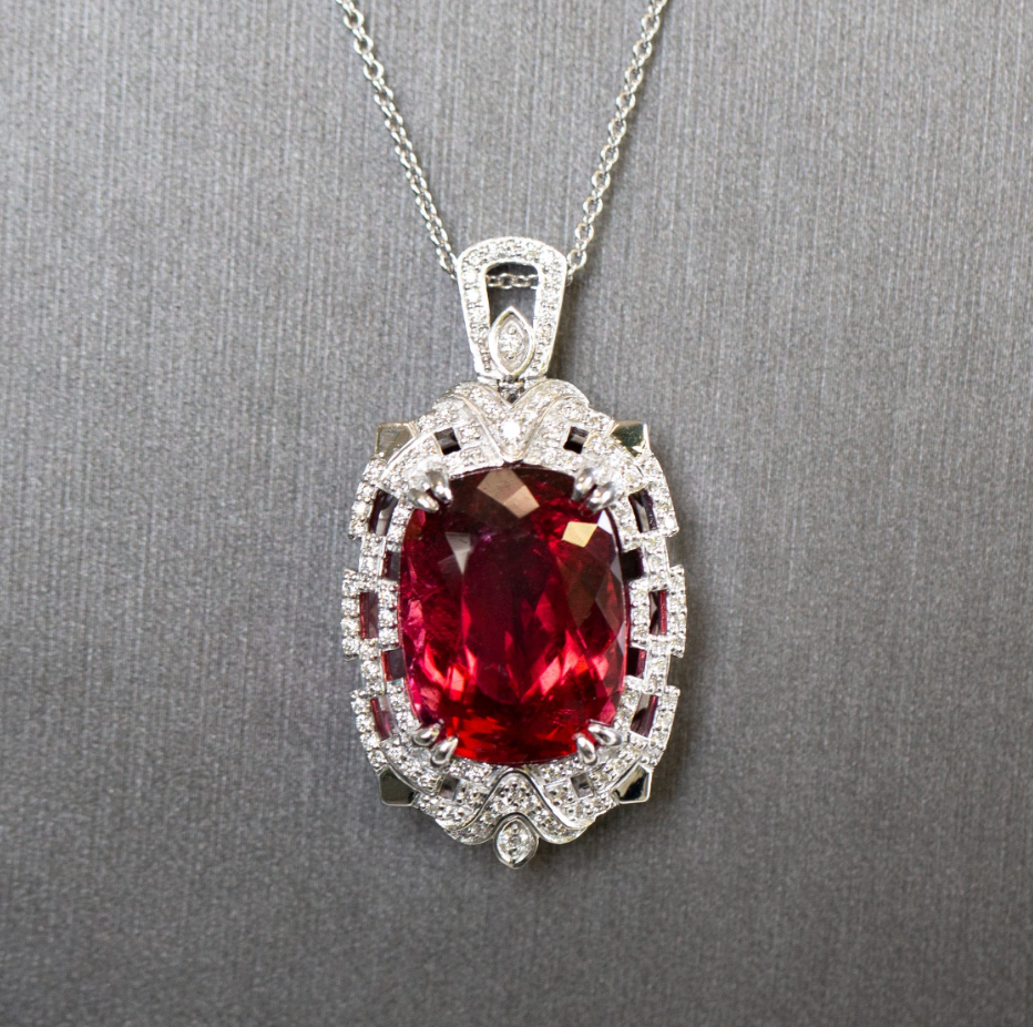 GIA Certified Rubellite Red Tourmaline and Diamond Necklace in 18k White Gold