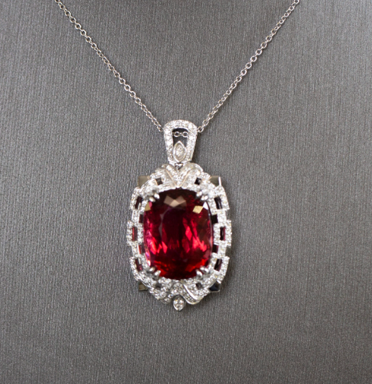 GIA Certified Rubellite Red Tourmaline and Diamond Necklace in 18k White Gold