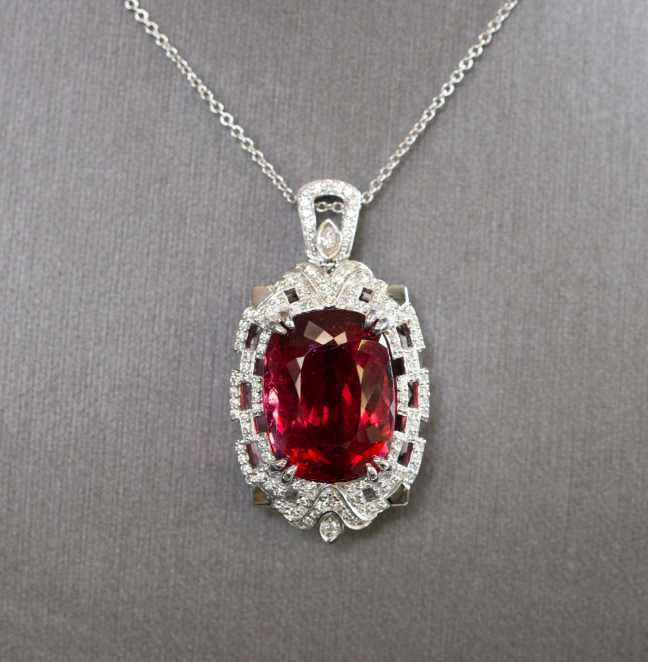 GIA Certified Rubellite Red Tourmaline and Diamond Necklace in 18k White Gold