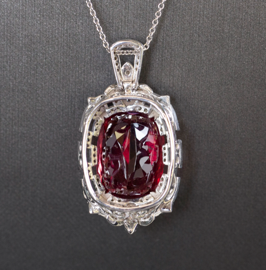 GIA Certified Rubellite Red Tourmaline and Diamond Necklace in 18k White Gold