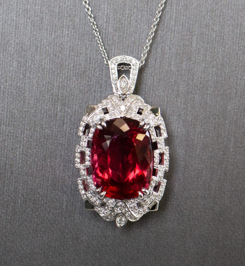 GIA Certified Rubellite Red Tourmaline and Diamond Necklace in 18k White Gold