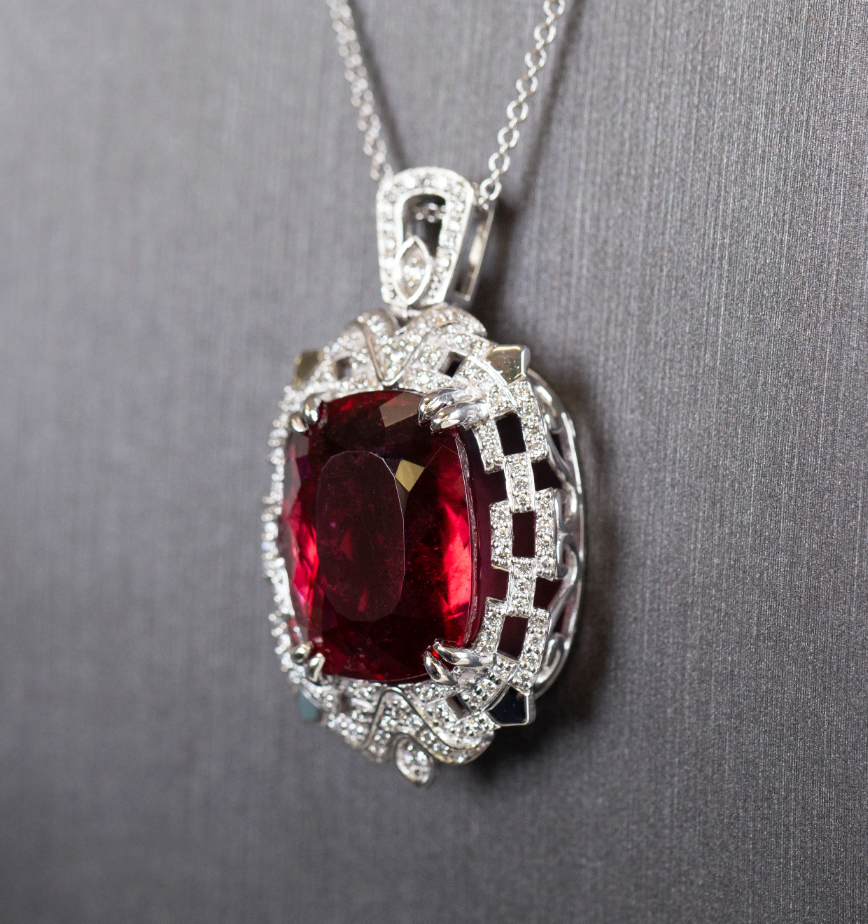 GIA Certified Rubellite Red Tourmaline and Diamond Necklace in 18k White Gold
