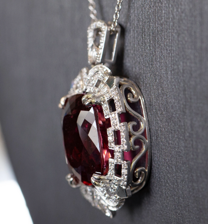 GIA Certified Rubellite Red Tourmaline and Diamond Necklace in 18k White Gold