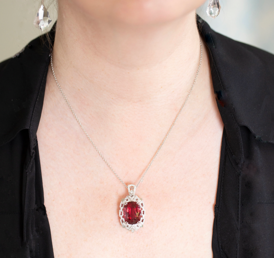 GIA Certified Rubellite Red Tourmaline and Diamond Necklace in 18k White Gold