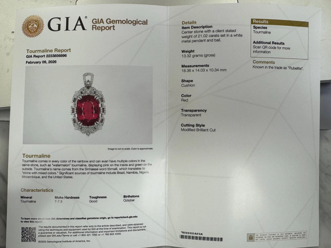 GIA Certified Rubellite Red Tourmaline and Diamond Necklace in 18k White Gold