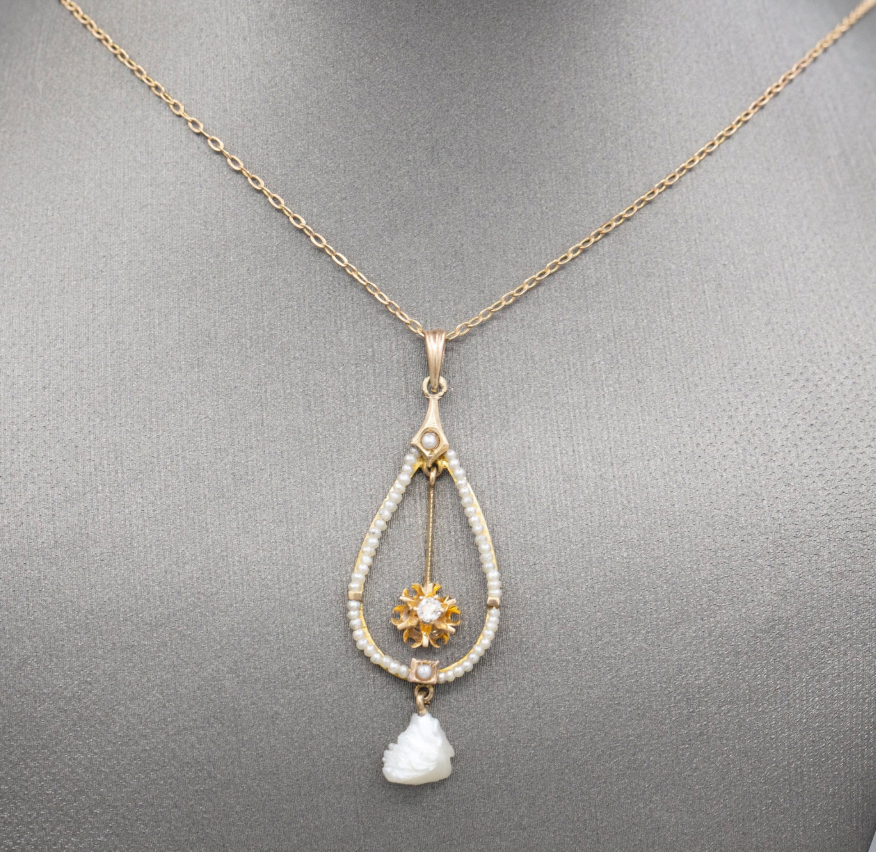 Romantic Victorian Natural Pearl and Old European Cut Lavalier Necklace in 14k Yellow Gold