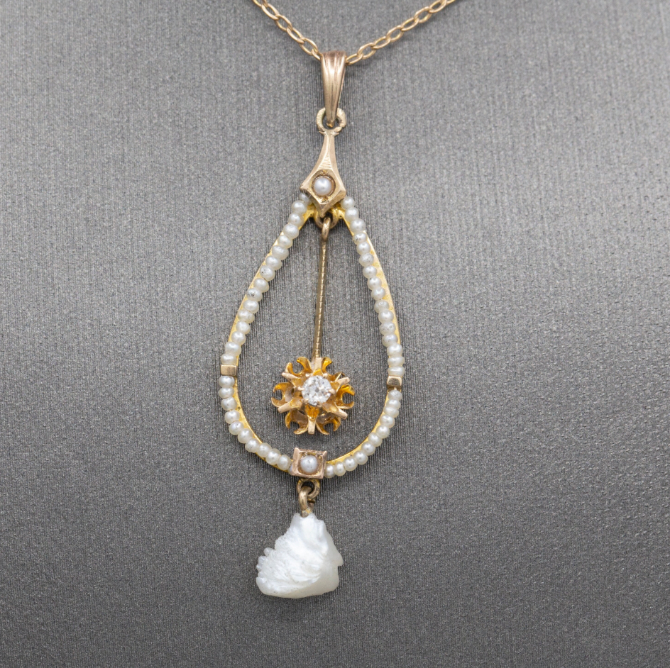 Romantic Victorian Natural Pearl and Old European Cut Lavalier Necklace in 14k Yellow Gold