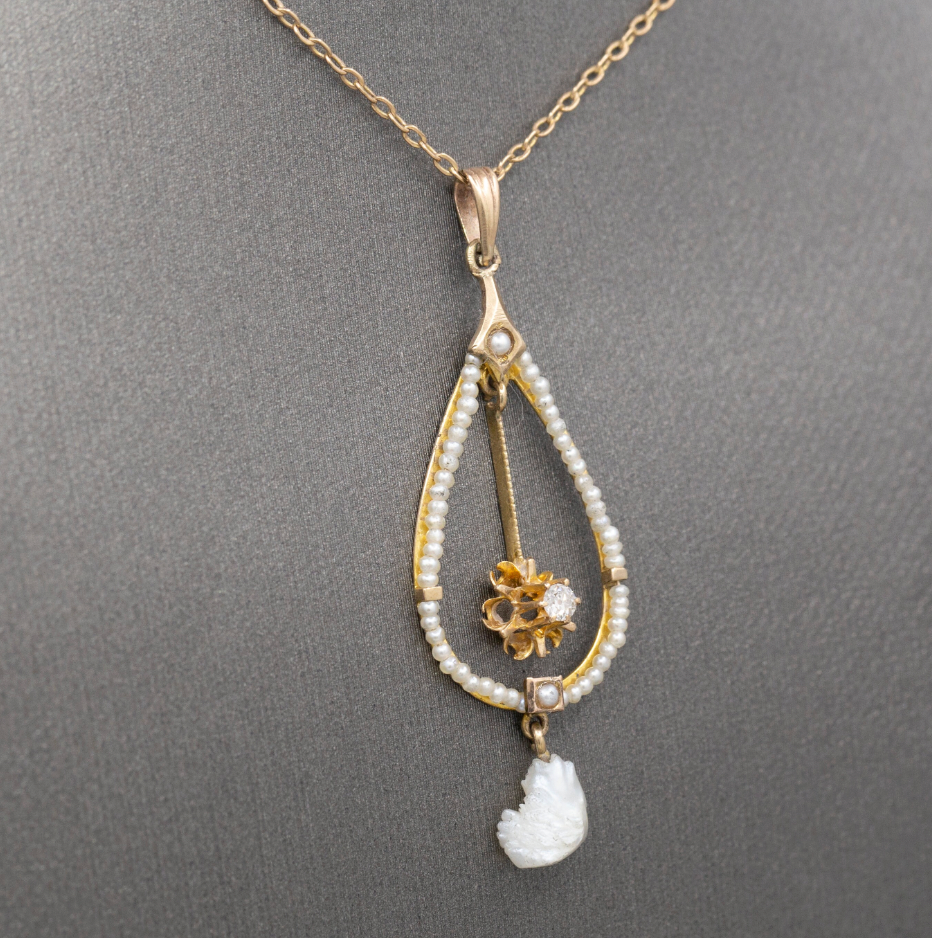 Romantic Victorian Natural Pearl and Old European Cut Lavalier Necklace in 14k Yellow Gold