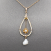 Romantic Victorian Natural Pearl and Old European Cut Lavalier Necklace in 14k Yellow Gold