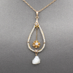 Romantic Victorian Natural Pearl and Old European Cut Lavalier Necklace in 14k Yellow Gold