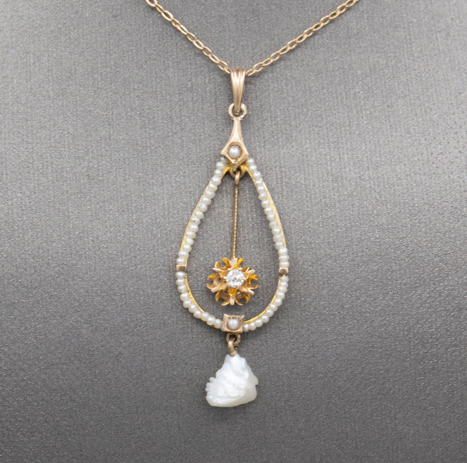 Romantic Victorian Natural Pearl and Old European Cut Lavalier Necklace in 14k Yellow Gold