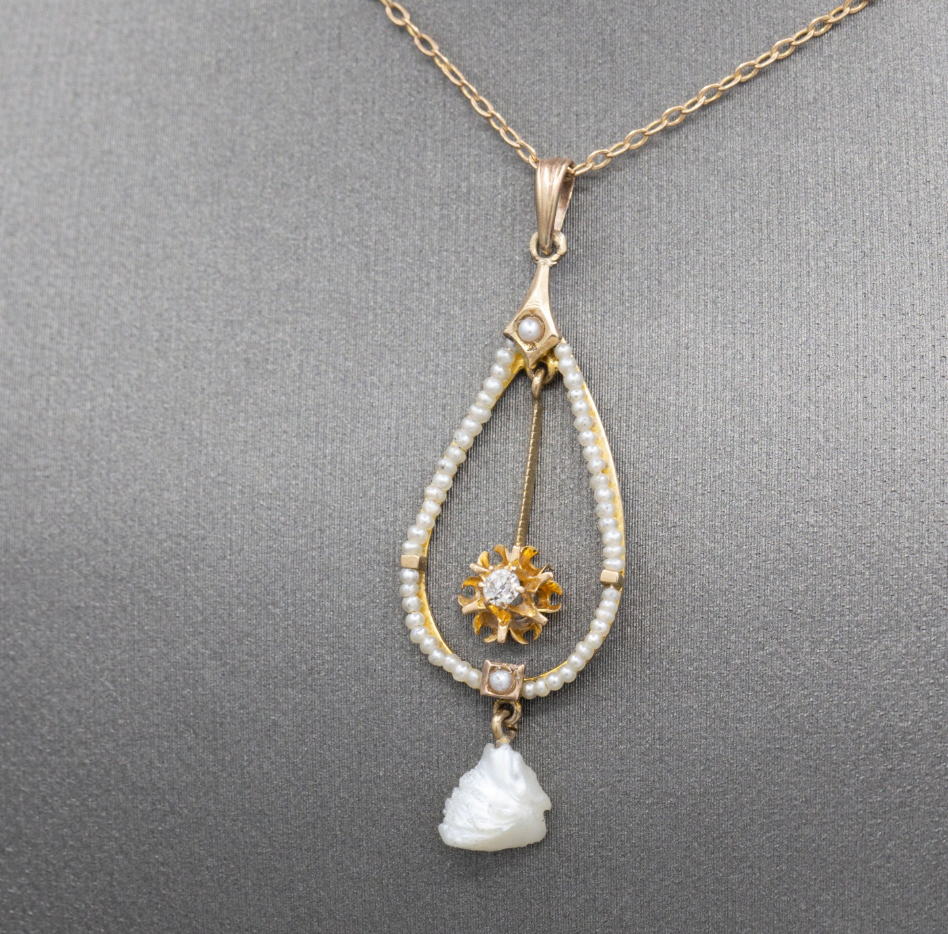 Romantic Victorian Natural Pearl and Old European Cut Lavalier Necklace in 14k Yellow Gold