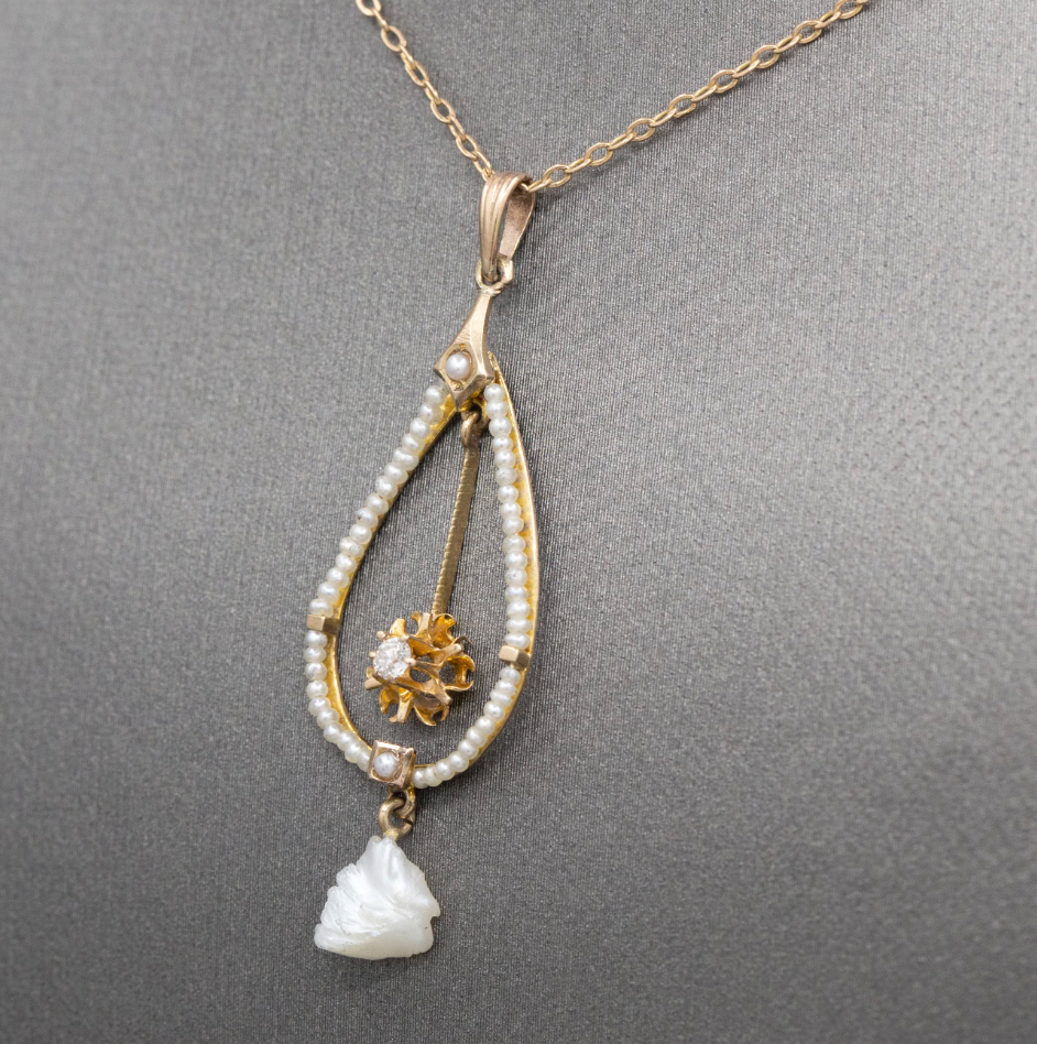 Romantic Victorian Natural Pearl and Old European Cut Lavalier Necklace in 14k Yellow Gold