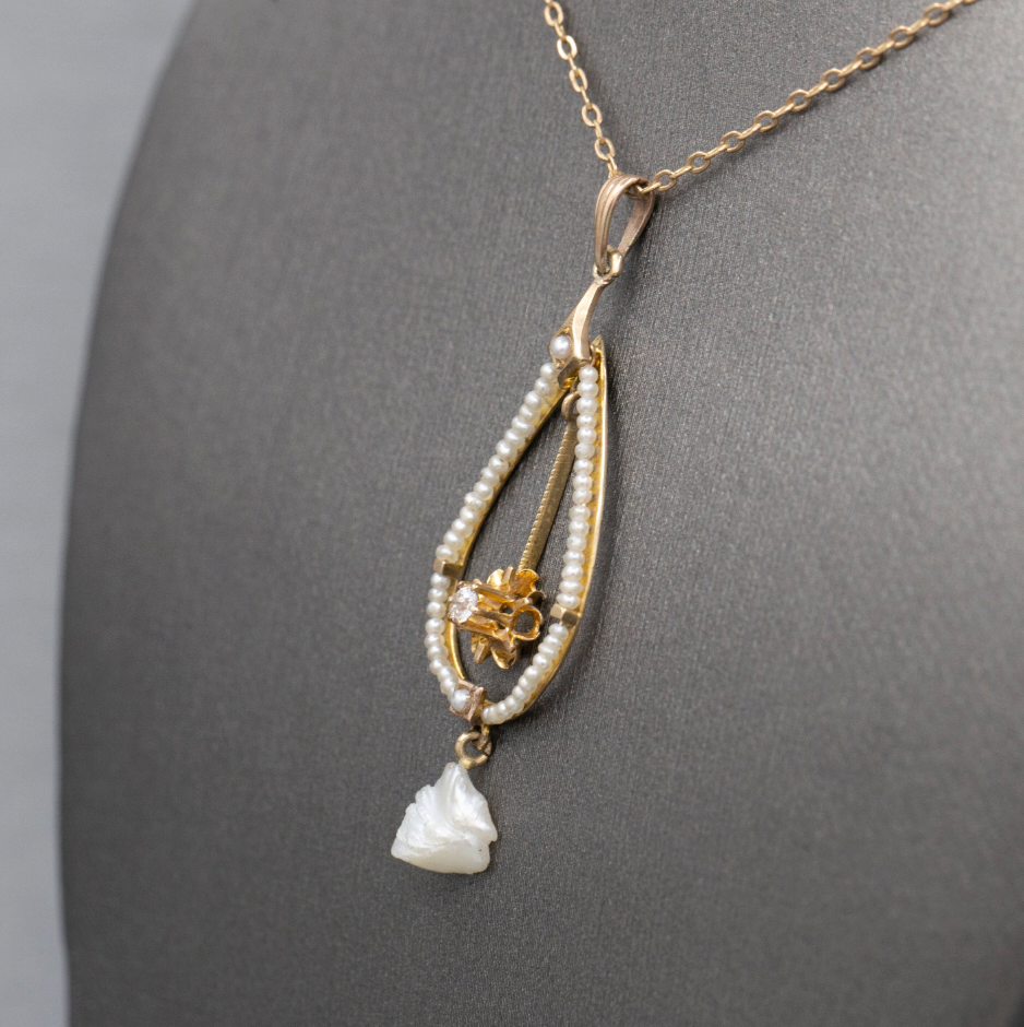 Romantic Victorian Natural Pearl and Old European Cut Lavalier Necklace in 14k Yellow Gold
