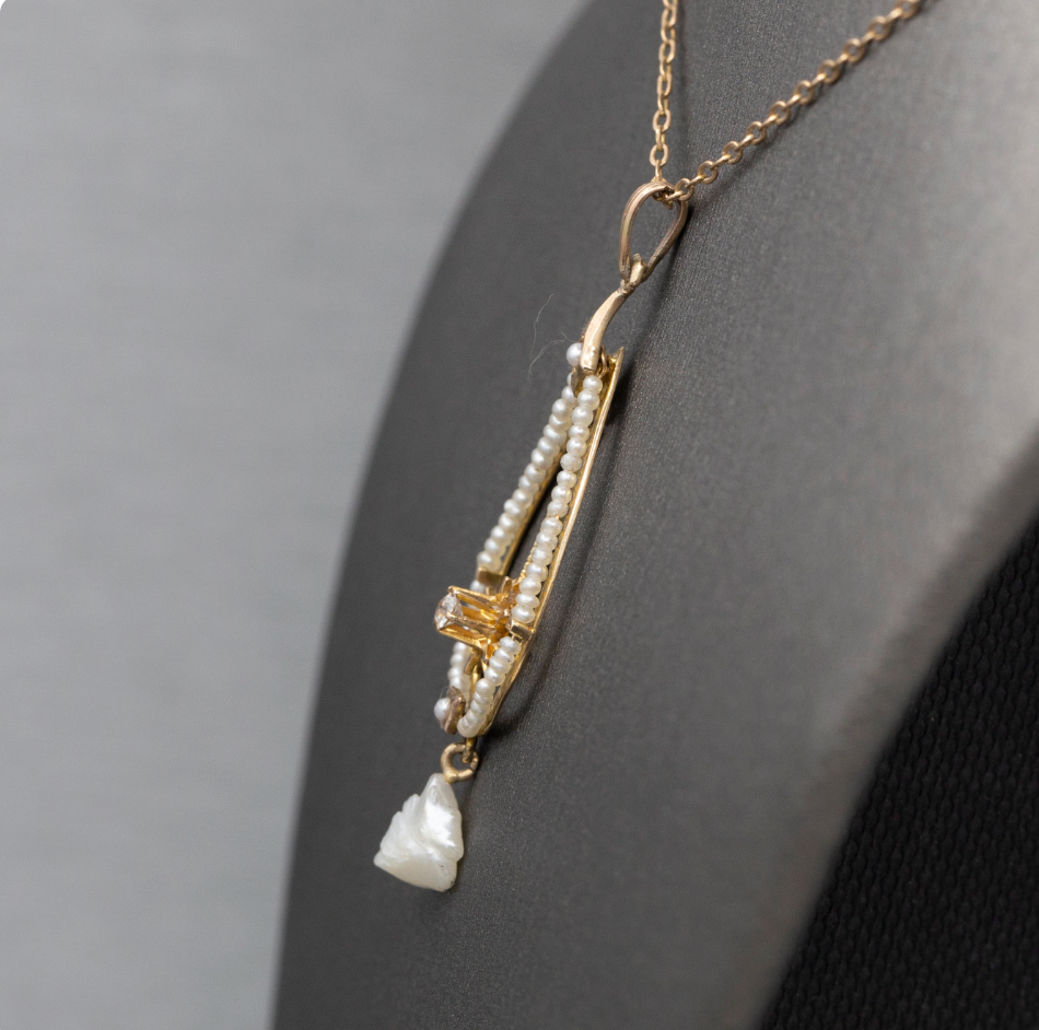 Romantic Victorian Natural Pearl and Old European Cut Lavalier Necklace in 14k Yellow Gold