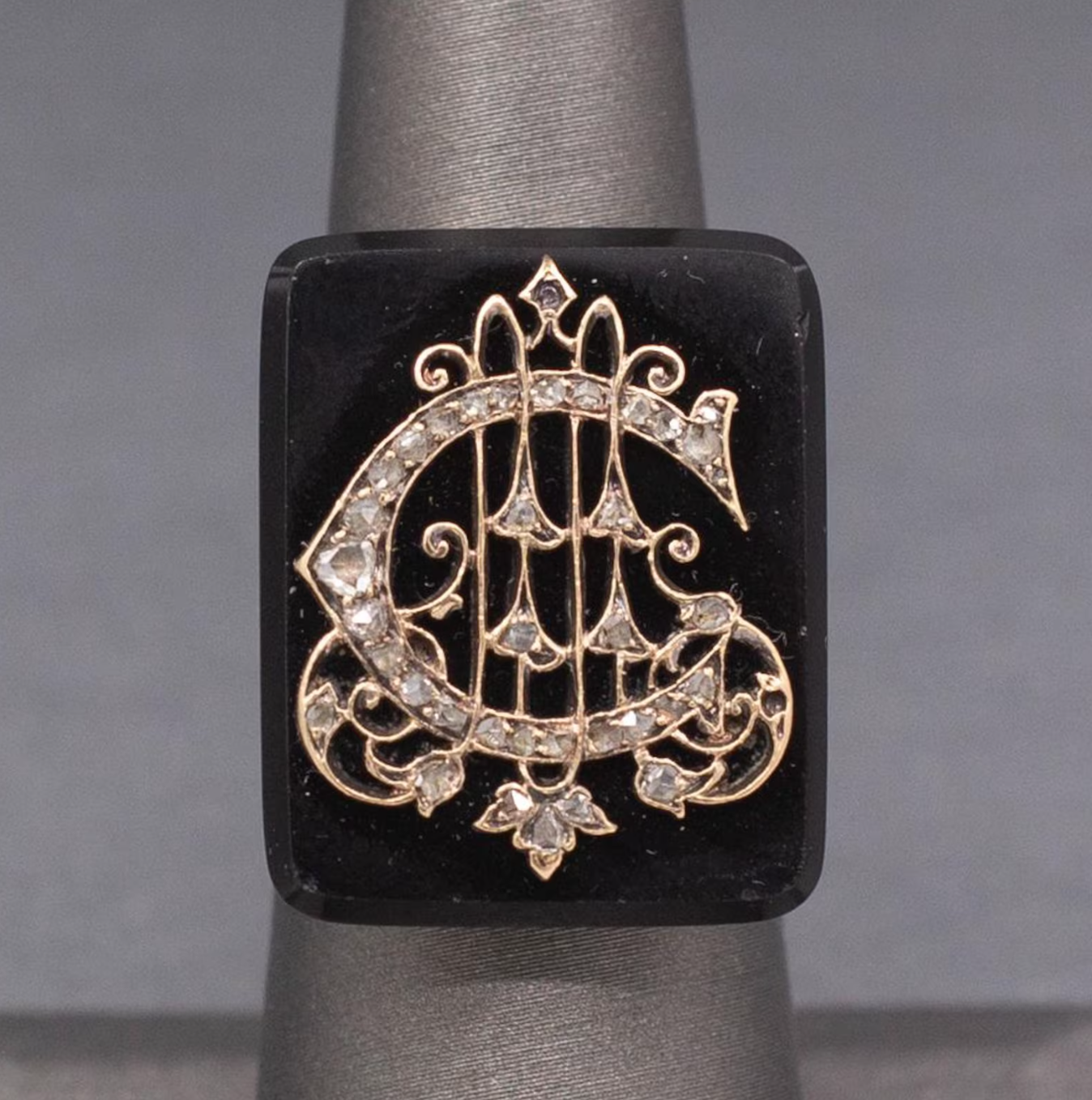 Exquisite Victorian Rose Cut Diamond "C" Ring on Onyx in 10k White Gold