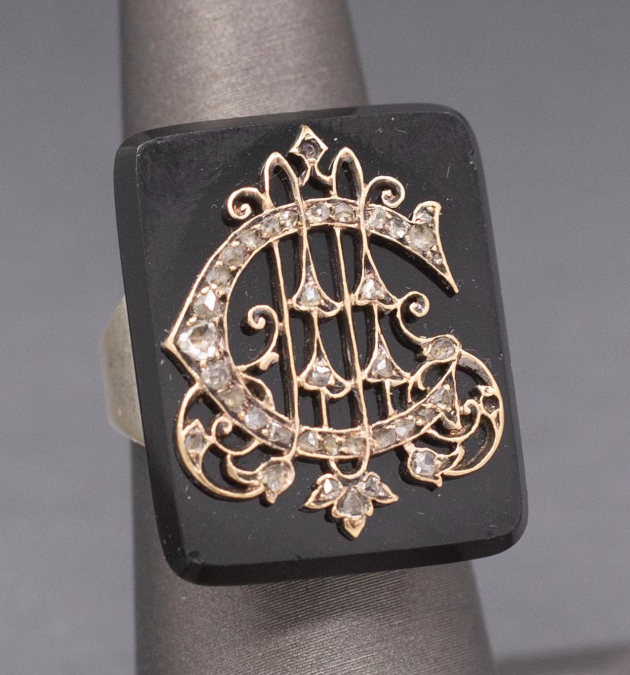 Exquisite Victorian Rose Cut Diamond "C" Ring on Onyx in 10k White Gold