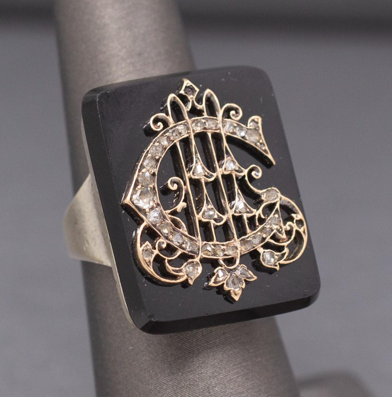 Exquisite Victorian Rose Cut Diamond "C" Ring on Onyx in 10k White Gold