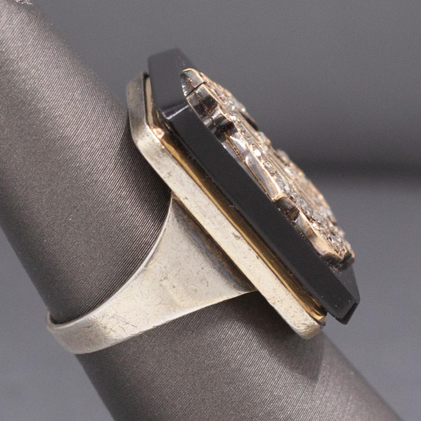 Exquisite Victorian Rose Cut Diamond "C" Ring on Onyx in 10k White Gold
