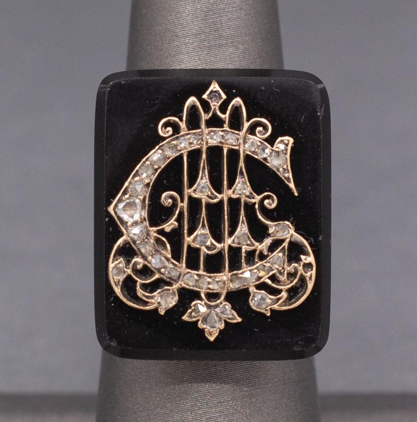 Exquisite Victorian Rose Cut Diamond "C" Ring on Onyx in 10k White Gold