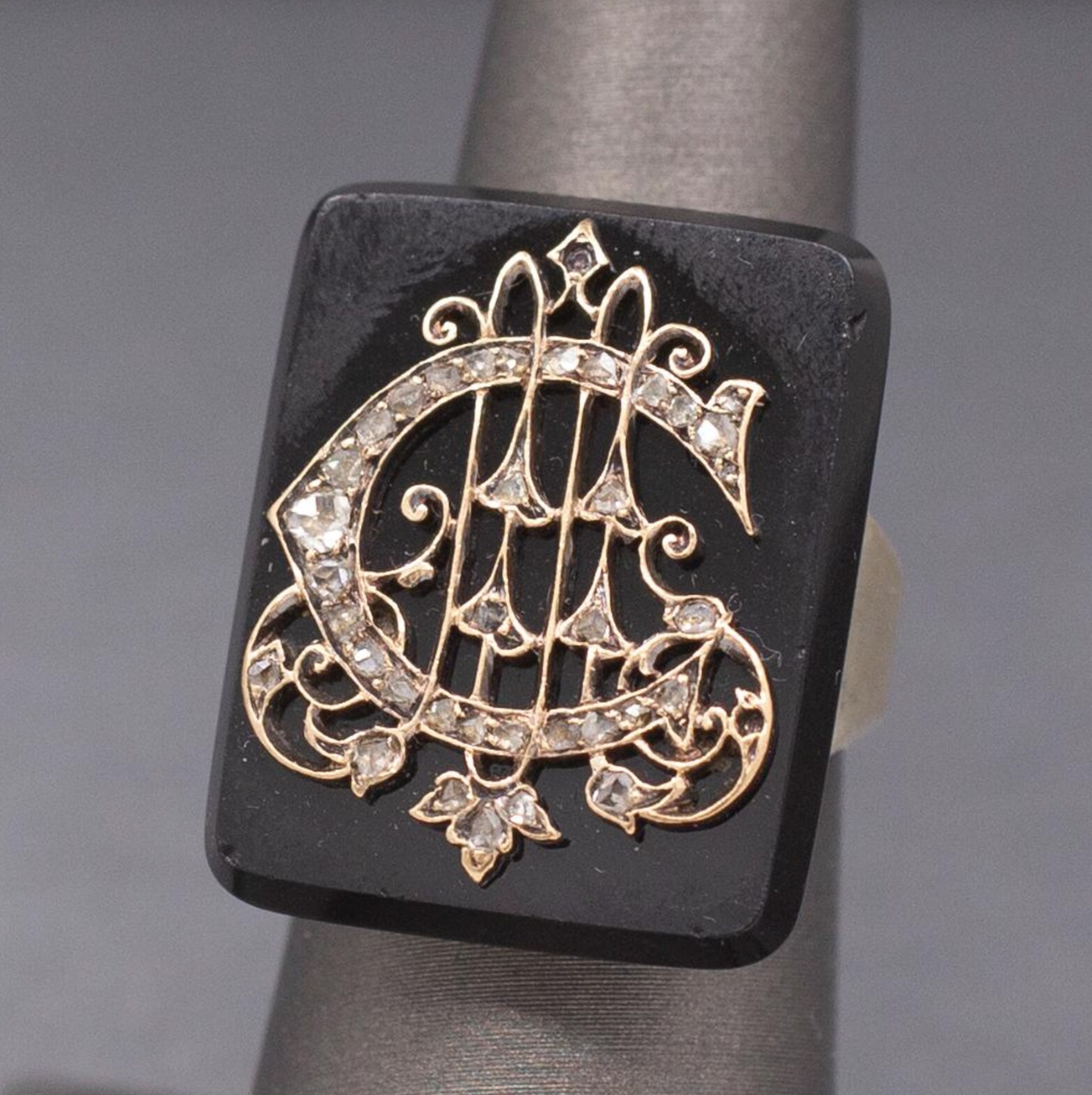 Exquisite Victorian Rose Cut Diamond "C" Ring on Onyx in 10k White Gold