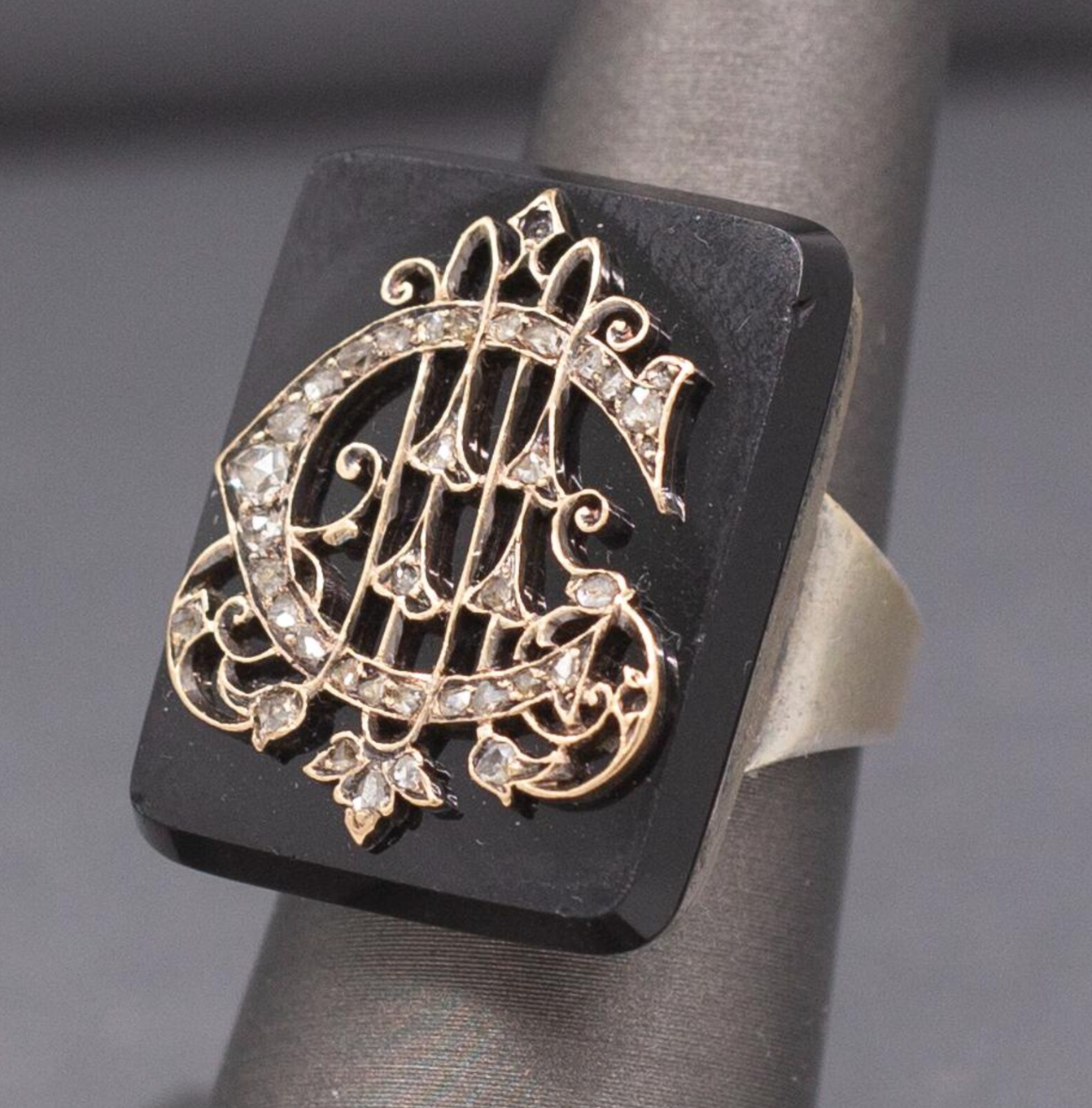 Exquisite Victorian Rose Cut Diamond "C" Ring on Onyx in 10k White Gold