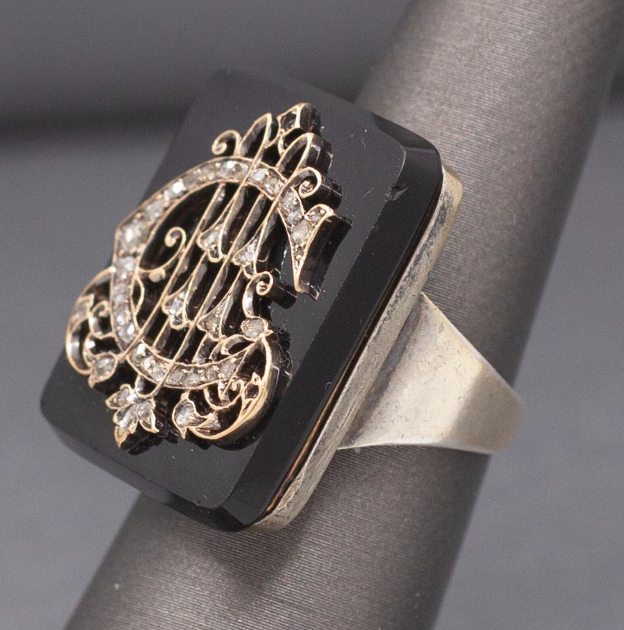 Exquisite Victorian Rose Cut Diamond "C" Ring on Onyx in 10k White Gold