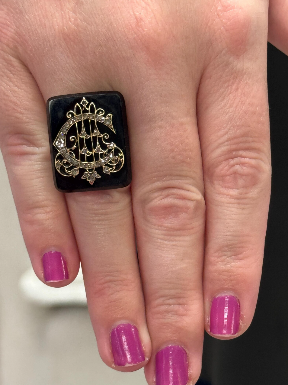 Exquisite Victorian Rose Cut Diamond "C" Ring on Onyx in 10k White Gold