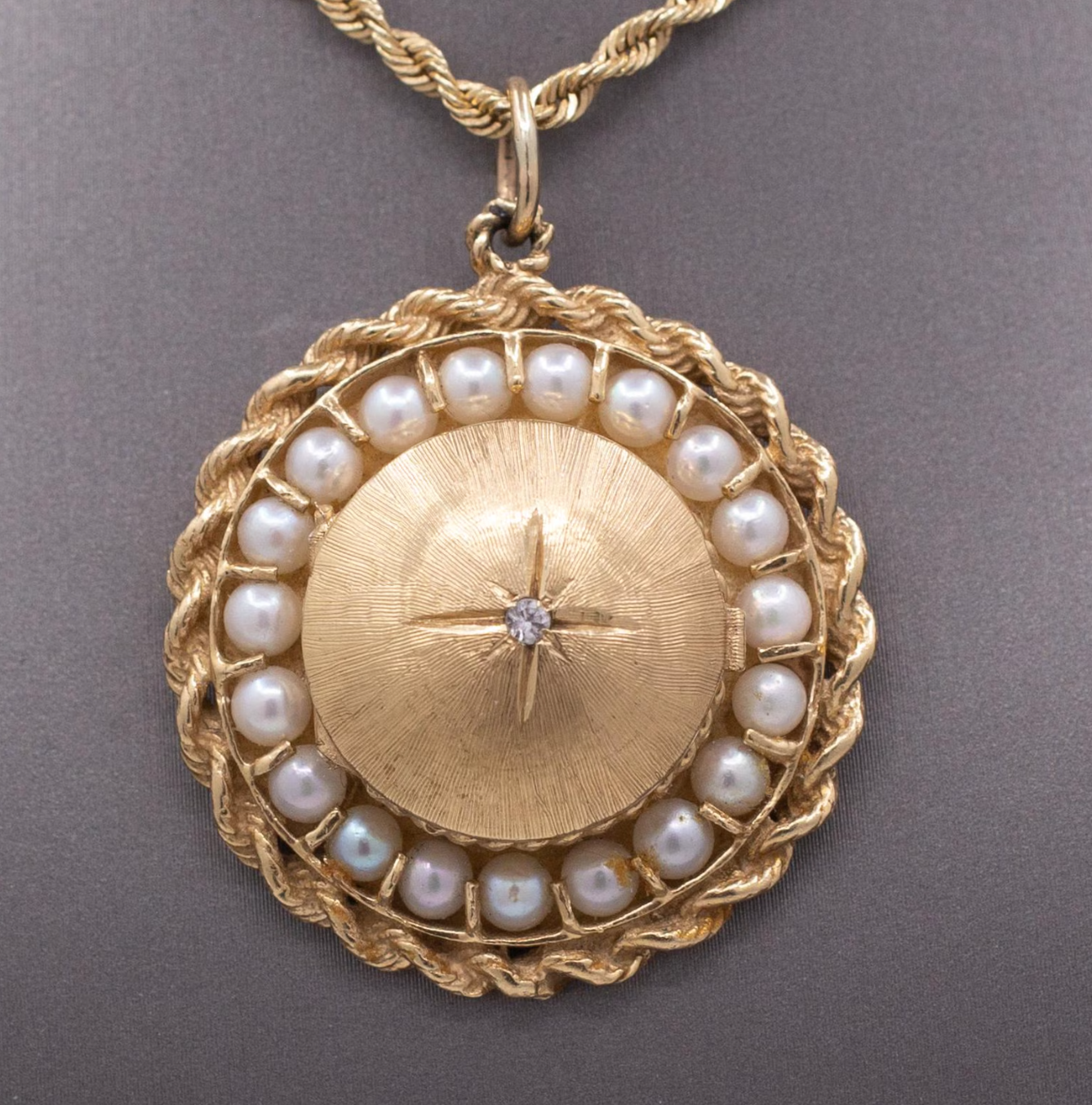 Vintage Large Mid-Century Diamond and Pearl Locket in 14k Yellow Gold