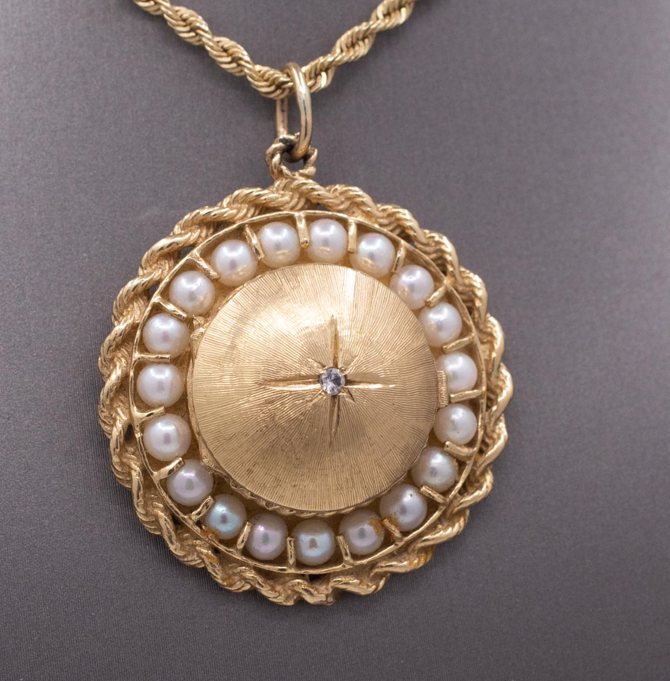 Vintage Large Mid-Century Diamond and Pearl Locket in 14k Yellow Gold