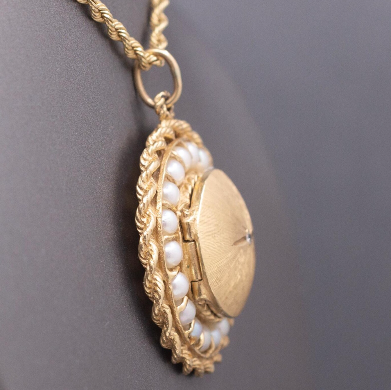 Vintage Large Mid-Century Diamond and Pearl Locket in 14k Yellow Gold