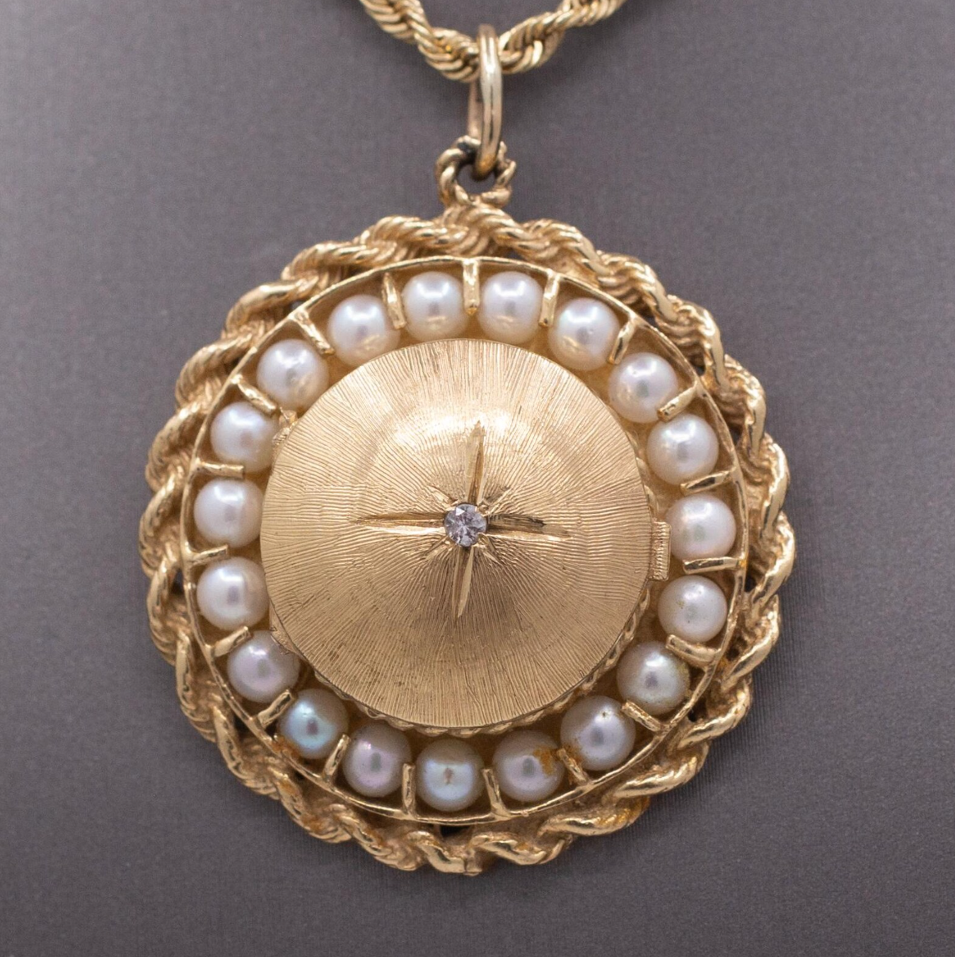 Vintage Large Mid-Century Diamond and Pearl Locket in 14k Yellow Gold
