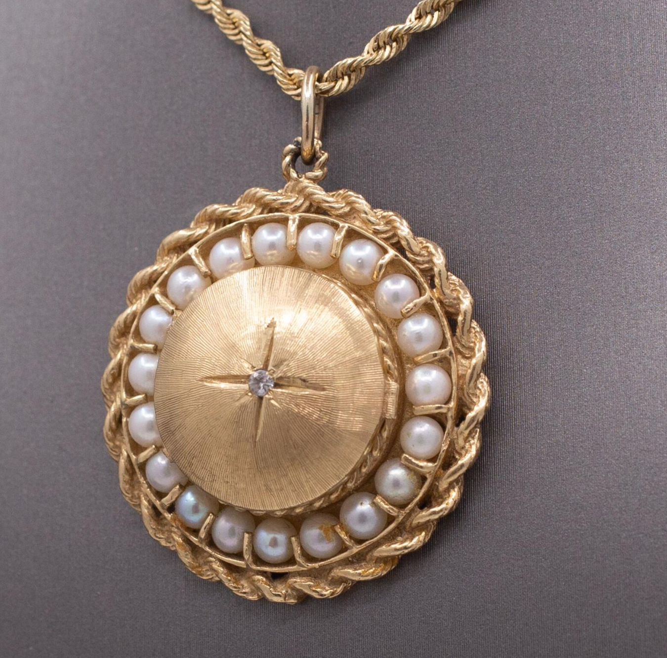 Vintage Large Mid-Century Diamond and Pearl Locket in 14k Yellow Gold