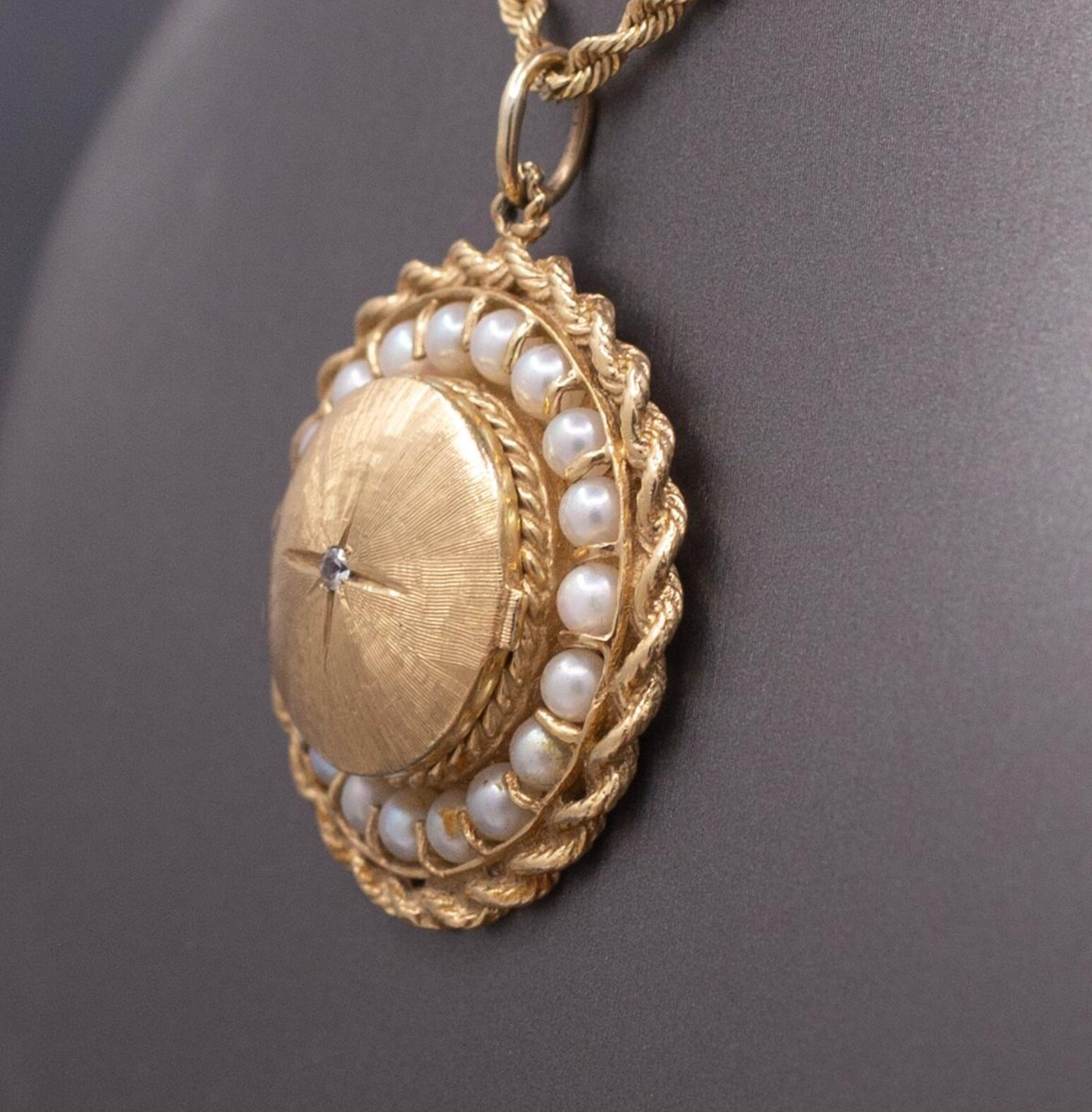 Vintage Large Mid-Century Diamond and Pearl Locket in 14k Yellow Gold