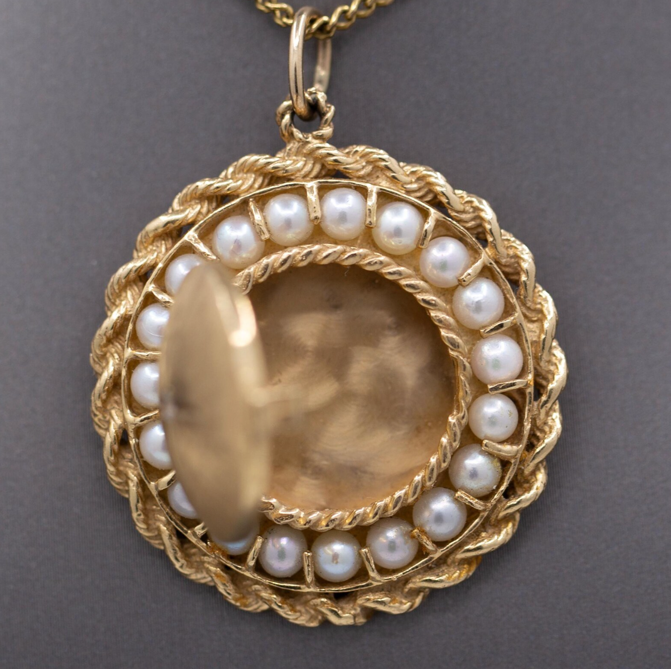 Vintage Large Mid-Century Diamond and Pearl Locket in 14k Yellow Gold