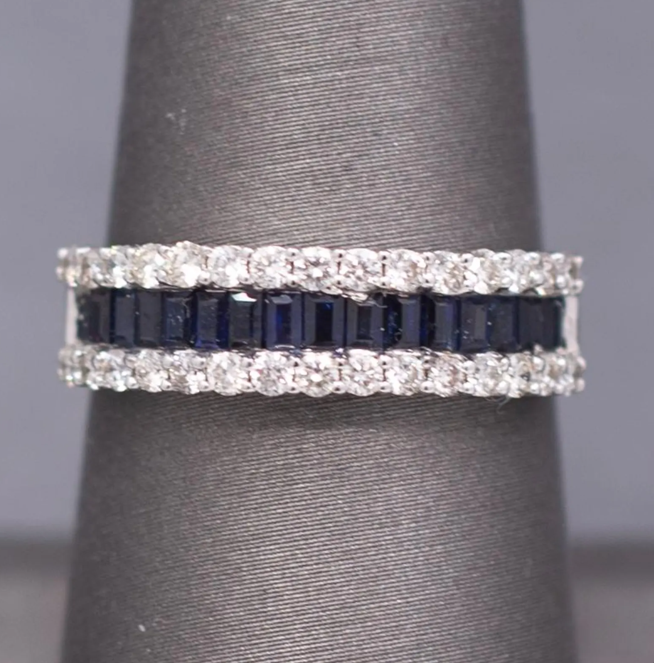 Sparkling Deep Blue Sapphire and Diamond Band Ring in 14k White Gold