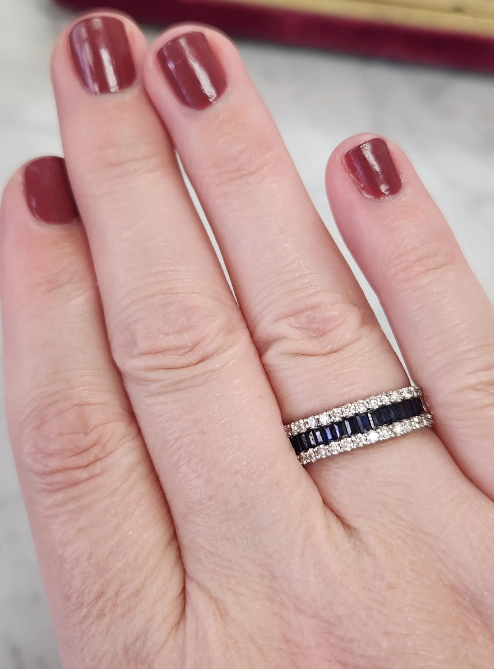 Sparkling Deep Blue Sapphire and Diamond Band Ring in 14k White Gold