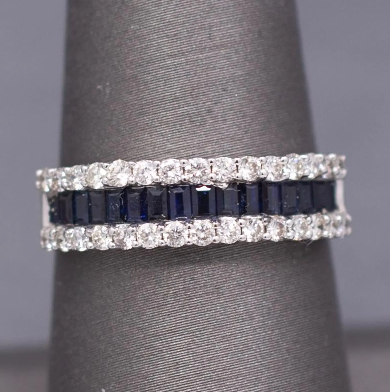 Sparkling Deep Blue Sapphire and Diamond Band Ring in 14k White Gold