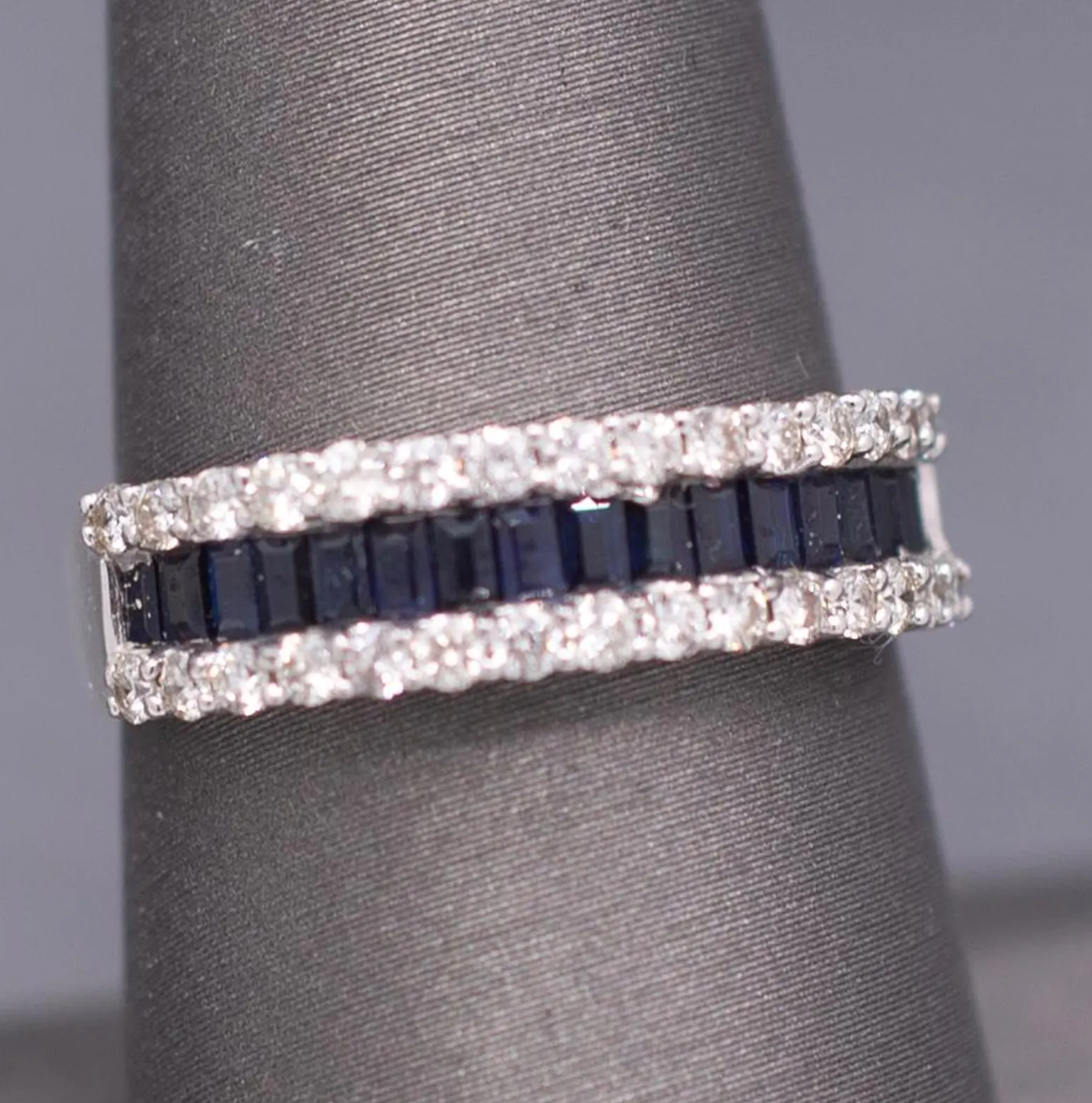 Sparkling Deep Blue Sapphire and Diamond Band Ring in 14k White Gold