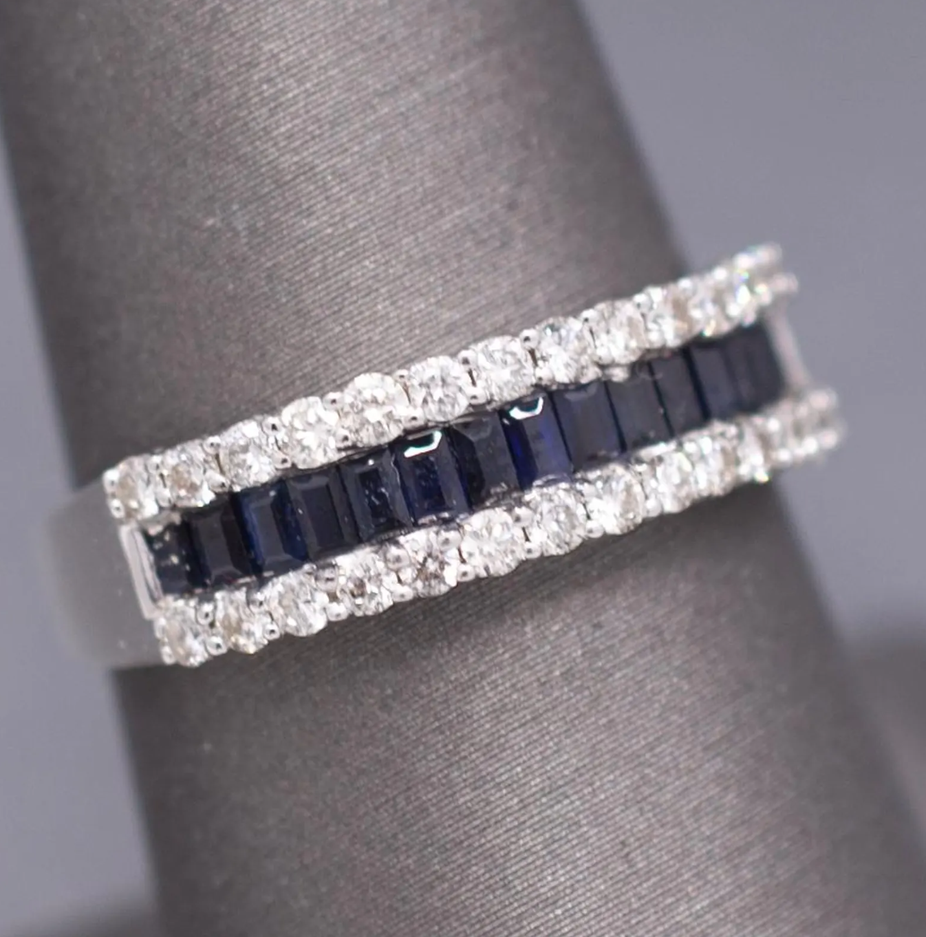 Sparkling Deep Blue Sapphire and Diamond Band Ring in 14k White Gold
