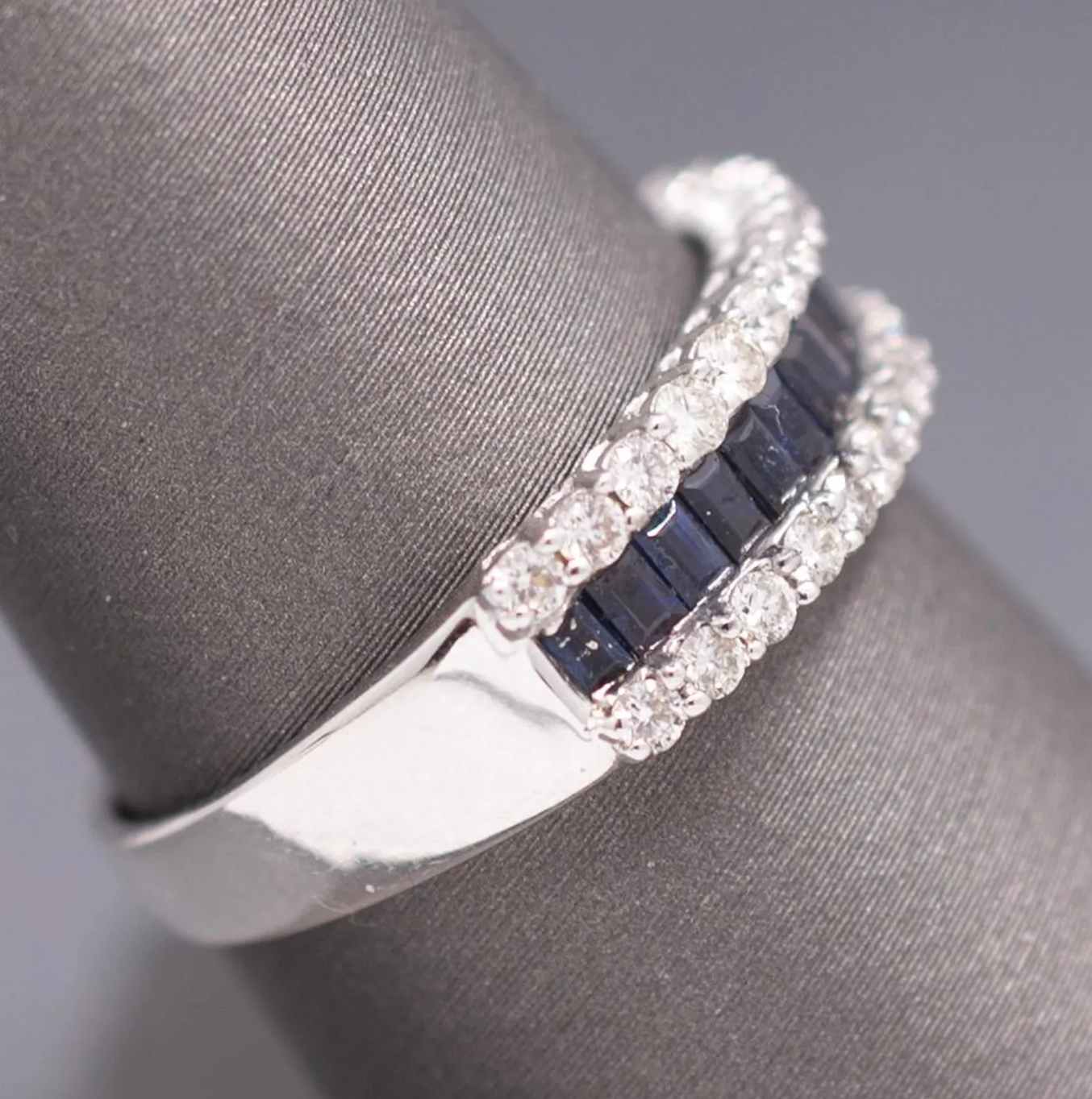 Sparkling Deep Blue Sapphire and Diamond Band Ring in 14k White Gold