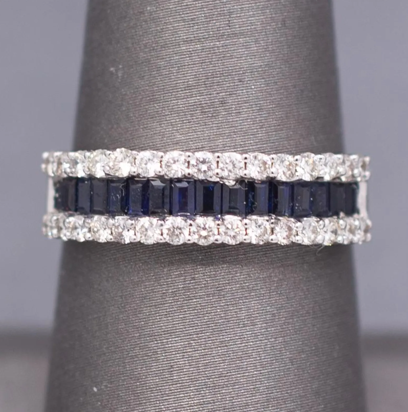 Sparkling Deep Blue Sapphire and Diamond Band Ring in 14k White Gold